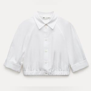 NWT Zara Elasticized cropped button up top shirt Size S Oyster White 9479/062